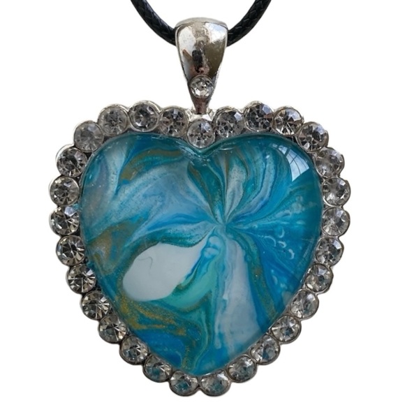 Hand Crafted Jewelry - Hand Crafted Necklace Heart Fluid Art Pendant Turquoise White Gold